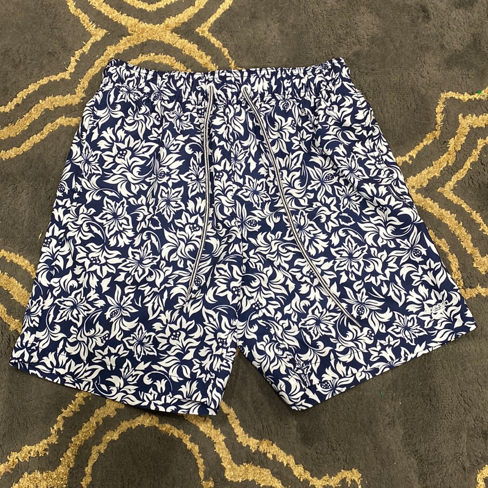 Navy Blue and White Floral Speedo Swim Trunks Size Small